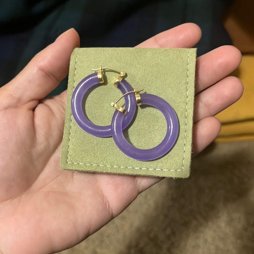 14k yellow gold and lavender jade hoops